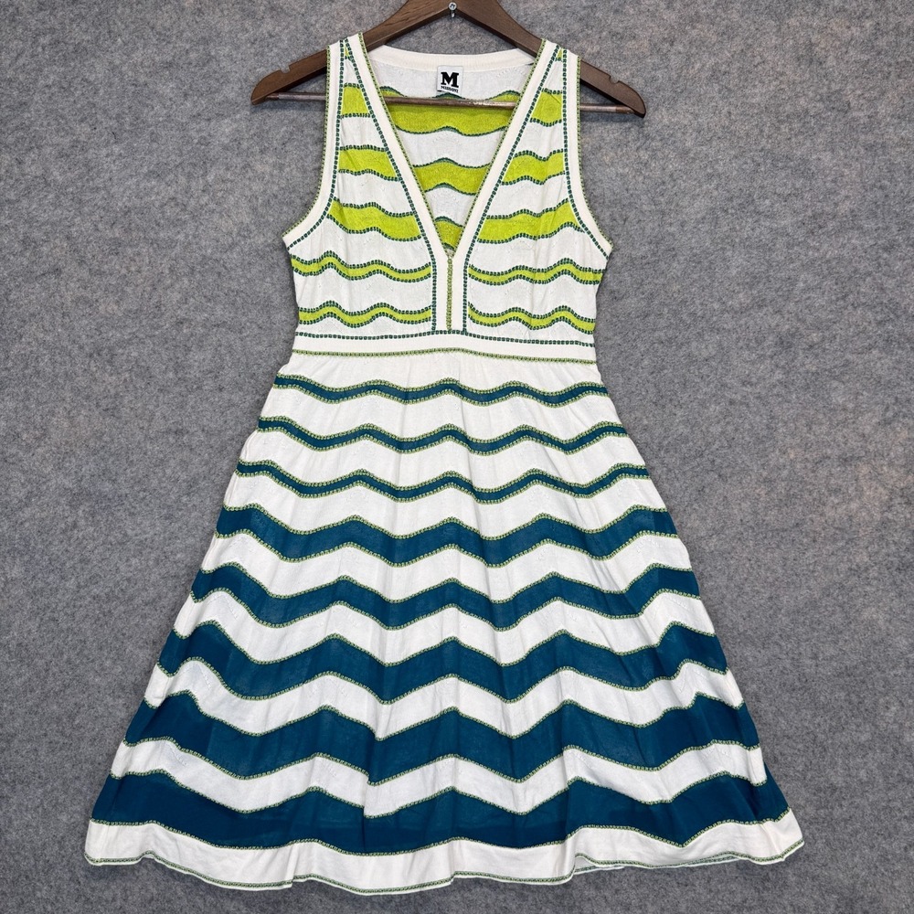 Missoni Lightweight Knit A-Line Dress Womens 46 US 10 Zig Zag Chevron Green Blue